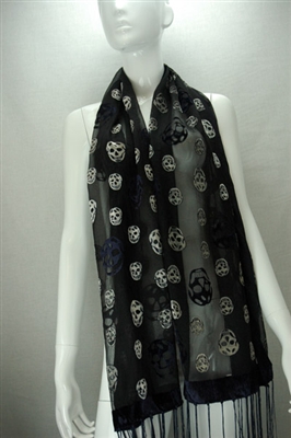 Velvet Skull Print Scarf-Navy Blue